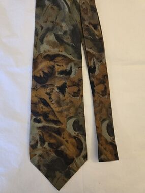 Zan Zara Abstract Brown & Olive Sage Green 100% Silk Patterned Necktie